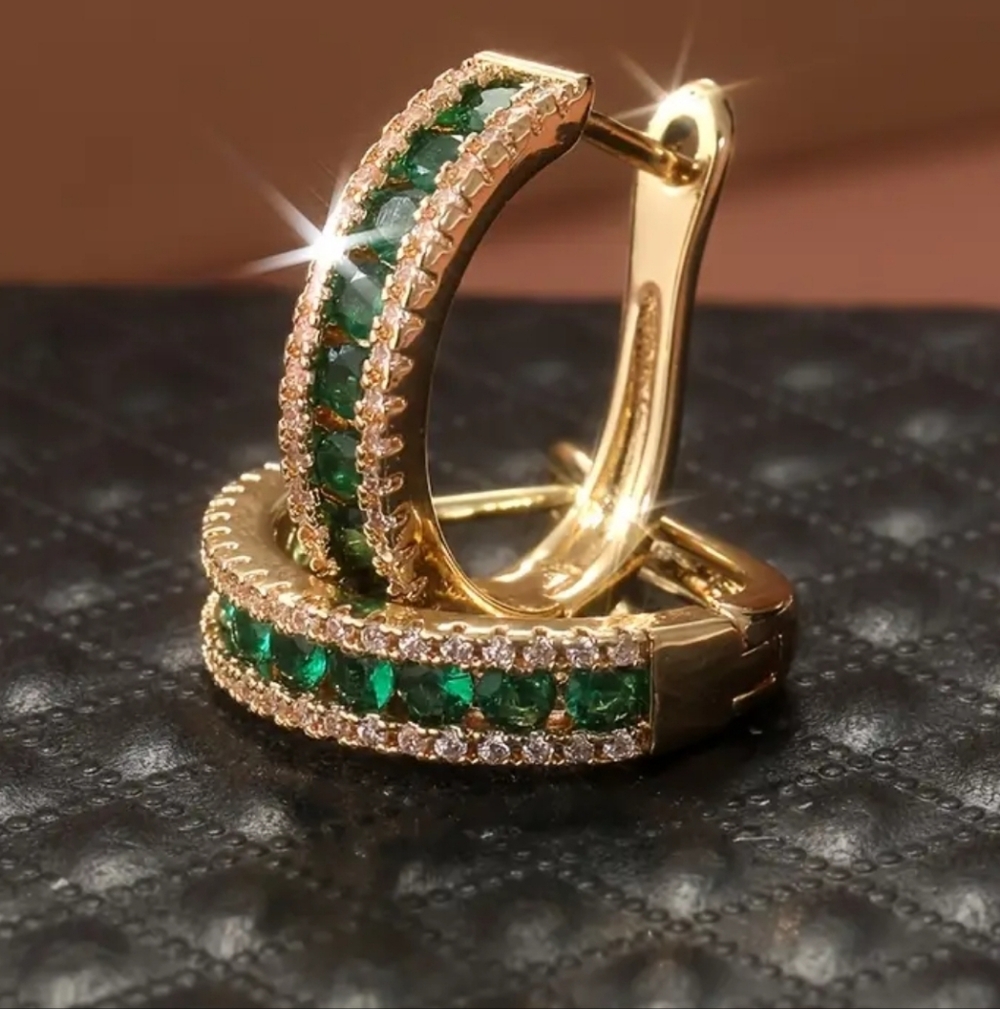Earrings Green & Gold Rhinestone